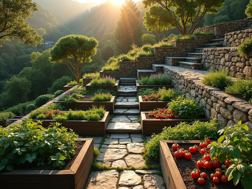 Terraced Hillside Garden Sanctuary - A breathtaking wide-angle shot of a multi-level terraced garden at golden hour, captured with a 16-35mm lens at f/2.8. Natural stone retaining walls create five distinct farming levels ascending a gentle slope, connected by rustic wooden stairs. Each terrace features meticulously arranged vegetable plots and flower beds. The lowest level showcases raised wooden planters with tomatoes and peppers, while middle terraces burst with colorful wildflowers and herbs. The highest level features an intimate seating area with wooden benches overlooking the entire garden. Weathered stone pathways wind between levels, with climbing ivy cascading down the retaining walls. Soft evening light casts long shadows across the terraces, highlighting the dimensional layers and texture of the garden. Japanese maple trees provide architectural interest at the terrace corners.