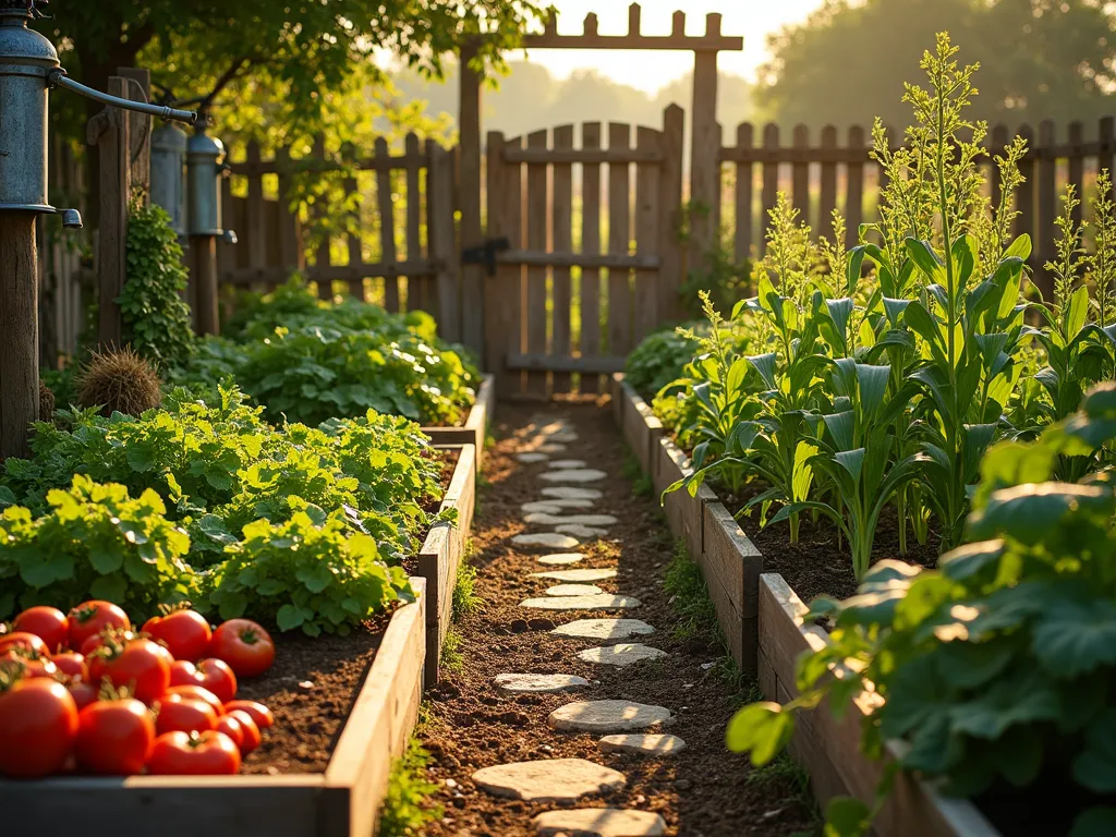 Traditional Row Garden with Rustic Charm - A serene early morning wide-angle shot of a well-organized vegetable garden with neat, parallel rows of diverse crops separated by natural stone-lined paths. Golden sunlight casts long shadows across wooden raised beds containing tomatoes, corn, and leafy greens. Weathered wooden fencing frames the garden, while vintage metal water pumps and artfully placed hay bales add rustic character. Morning dew glistens on the vegetables, captured with shallow depth of field at f/2.8. A traditional wooden garden gate adorned with climbing peas creates a focal point, while a vintage wheelbarrow filled with harvested vegetables adds authentic farm charm. Shot from a slightly elevated angle to showcase the geometric pattern of the rows and the overall garden layout.