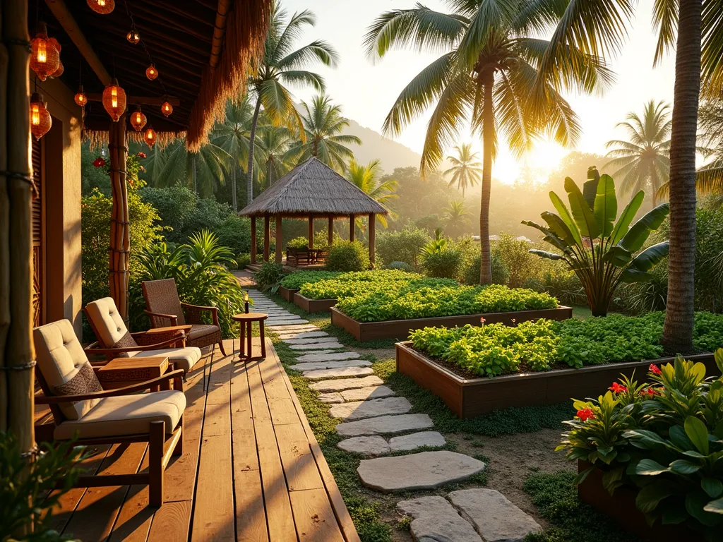 Tropical Farm Paradise with Mixed Palm Grove - A stunning wide-angle shot of a lush tropical farm garden at golden hour, where traditional wooden raised beds overflow with vegetables and herbs, interspersed with towering coconut palms casting dappled shadows. Bamboo trellises support flowering vines, while exotic hibiscus and bird of paradise flowers add vibrant splashes of color along the edges. A rustic wooden deck with rattan furniture overlooks the space, decorated with hanging orchids and vintage farming tools. String lights weave through the palms, creating a magical vacation atmosphere. A stone pathway lined with tiki torches winds through the garden, leading to a small meditation pavilion surrounded by banana plants and decorative sugar cane. The warm evening sun bathes everything in a golden glow, highlighting the textural contrast between the practical vegetable beds and the tropical landscaping. Shot with a DSLR camera, f/8, ISO 100, 1/125s, capturing the perfect balance of practical farming and paradise resort aesthetics.