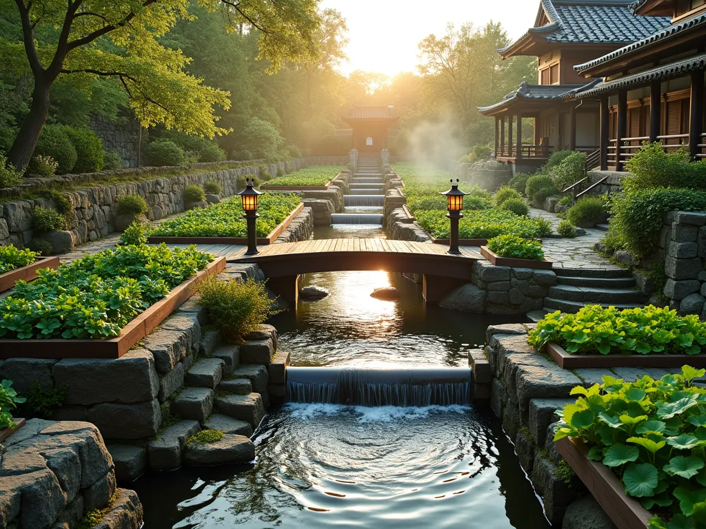 Serene Waterfront Garden Terraces with Traditional Irrigation - A tranquil waterfront garden at golden hour, photographed with a wide-angle lens showcasing terraced vegetable beds separated by flowing water channels. Traditional wooden bridges arch over crystal-clear irrigation streams, connecting raised garden plots filled with lush vegetables and herbs. Stone pathways line the waterways, adorned with Japanese lanterns. The garden features a mix of practical farming elements and ornamental water features, including a small waterfall and lily pads. Bamboo water spouts direct water flow between levels, while flowering fruit trees frame the scene. Natural stone retaining walls support the terraced design, with climbing vines adding vertical interest. Soft evening light casts long shadows across the peaceful agricultural landscape, while mist rises gently from the water surfaces.