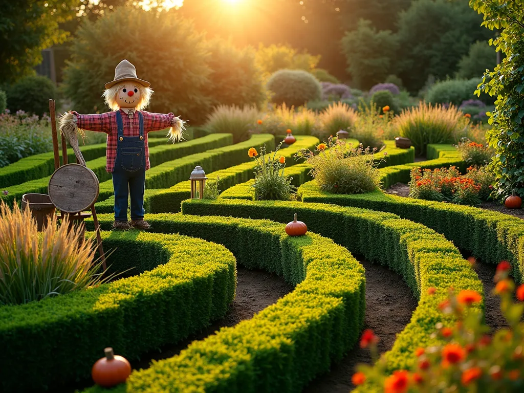 Enchanted Garden Maze with Hidden Farm Treasures - A magical garden maze photographed at golden hour, featuring neatly trimmed emerald hedges creating winding pathways between vibrant vegetable patches. Rustic wooden scarecrows stand guard over flourishing crops of pumpkins, corn, and wheat. Charming hidden corners adorned with vintage farming tools, terracotta pots, and climbing ivy. Whimsical garden lanterns cast a warm glow along the maze paths, while butterflies flutter between flowering herbs. Shot with a wide-angle perspective to capture the intricate maze pattern, with the setting sun creating long, dramatic shadows across the garden. Depth of field emphasizes both the detailed garden elements and the overall maze structure.