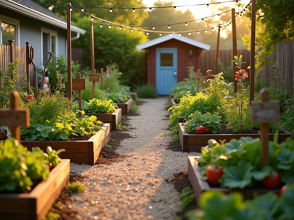 Whimsical Mini Farm Plot Garden - A charming backyard garden scene at golden hour featuring multiple raised garden beds arranged in a playful pattern, connected by winding gravel paths. Each bed showcases different vegetables and herbs, with rustic wooden signs marking crops. Vintage watering cans, terracotta pots, and handmade trellises add character. String lights hover overhead between wooden posts, while weathered garden tools lean against a small garden shed. Small decorative elements like pinwheels and garden gnomes add whimsy. Shot with a wide-angle lens to capture the entire layout, with soft golden sunlight casting long shadows across the paths, photographed at f/2.8 for dreamy bokeh effect.