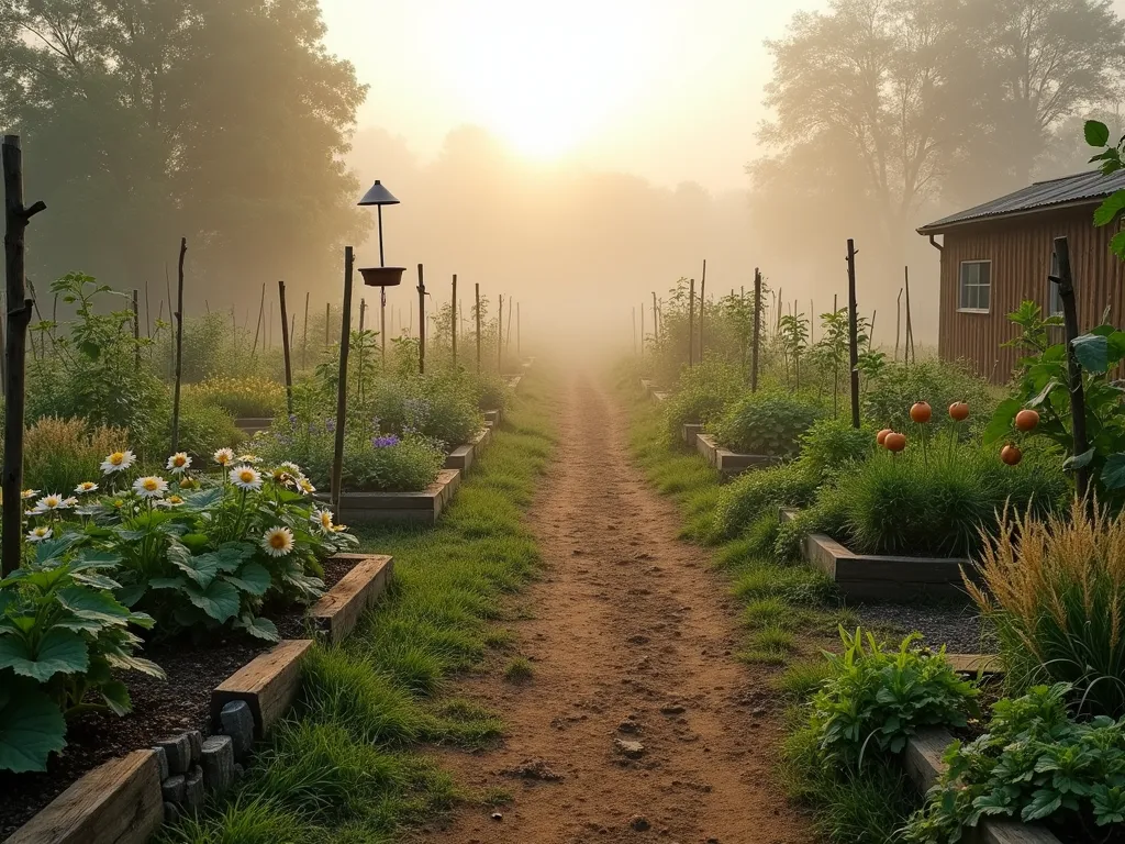 Wild Natural Farm Garden at Dawn - A misty dawn photograph of a beautifully wild and untamed garden farm, shot with a wide-angle lens. Meandering natural dirt paths wind through scattered patches of vegetables and wildflowers. Morning dew glistens on wild cosmos, daisies, and lavender intermingling with organic vegetable patches. Rustic wooden stakes support climbing beans, while wild pumpkins sprawl naturally across the ground. Heritage tomatoes grow alongside patches of wheat swaying in the morning breeze. Natural stone borders and weathered log edging define the spaces, while bird feeders and antique farming tools add authentic charm. Soft morning light filters through the scene, creating a dreamy, ethereal atmosphere that emphasizes the natural, unstructured beauty of this wild farm garden. Shot with a digital camera, 16-35mm lens at f/2.8, ISO 400, capturing the magical golden hour light and morning mist.