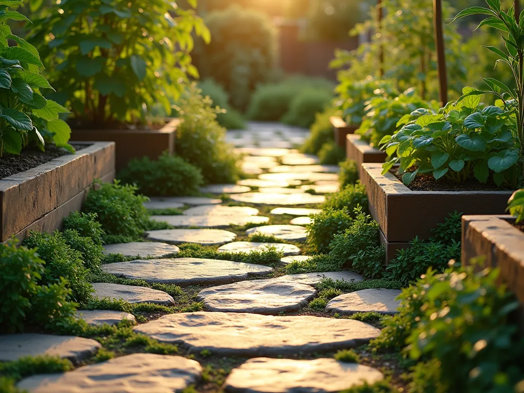 Winding Flagstone Garden Path with Thyme - A professional DSLR photograph of a meandering flagstone pathway through a lush vegetable garden at golden hour. Natural, irregular-shaped stone pieces create an organic flowing pattern, with vibrant creeping thyme and small groundcover plants sprouting between the gaps. The path is flanked by raised vegetable beds featuring tomatoes, leafy greens, and herbs. Soft evening sunlight filters through the foliage, casting gentle shadows across the weathered stone surface. The wide-angle perspective captures the natural curvature of the path as it winds through the garden, while maintaining sharp detail of the stone textures and delicate plants. The composition emphasizes the harmonious blend of functional design and natural beauty, shot at f/8 for optimal depth of field, highlighting both the immediate stone detail and the surrounding garden context.