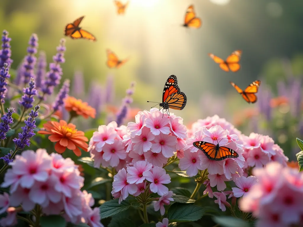 Butterfly Paradise with Vinca - A dreamy garden scene with clusters of pink and white Vinca rosea flowers in full bloom, surrounded by fluttering butterflies. Soft morning light filters through, creating a magical atmosphere. Companion plants include purple butterfly bush, orange lantana, and lavender, creating layers of color. Several Monarch and Swallowtail butterflies hover over the flowers. Photorealistic style with shallow depth of field, capturing the delicate interaction between butterflies and flowers.