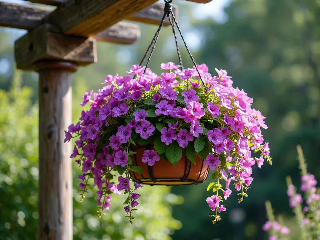 Ethereal Vinca Hanging Basket - A lush and romantic hanging basket photographed from a slight low angle, overflowing with cascading pink and purple vinca flowers. The basket is suspended from a weathered wooden pergola, with delicate tendrils of vinca trailing down elegantly. Mixed with silver-green pothos and deep purple heuchera for texture. Soft natural lighting filters through the pergola, creating gentle shadows and highlights on the flowers. Photorealistic, botanical garden style, high-end landscaping photography.