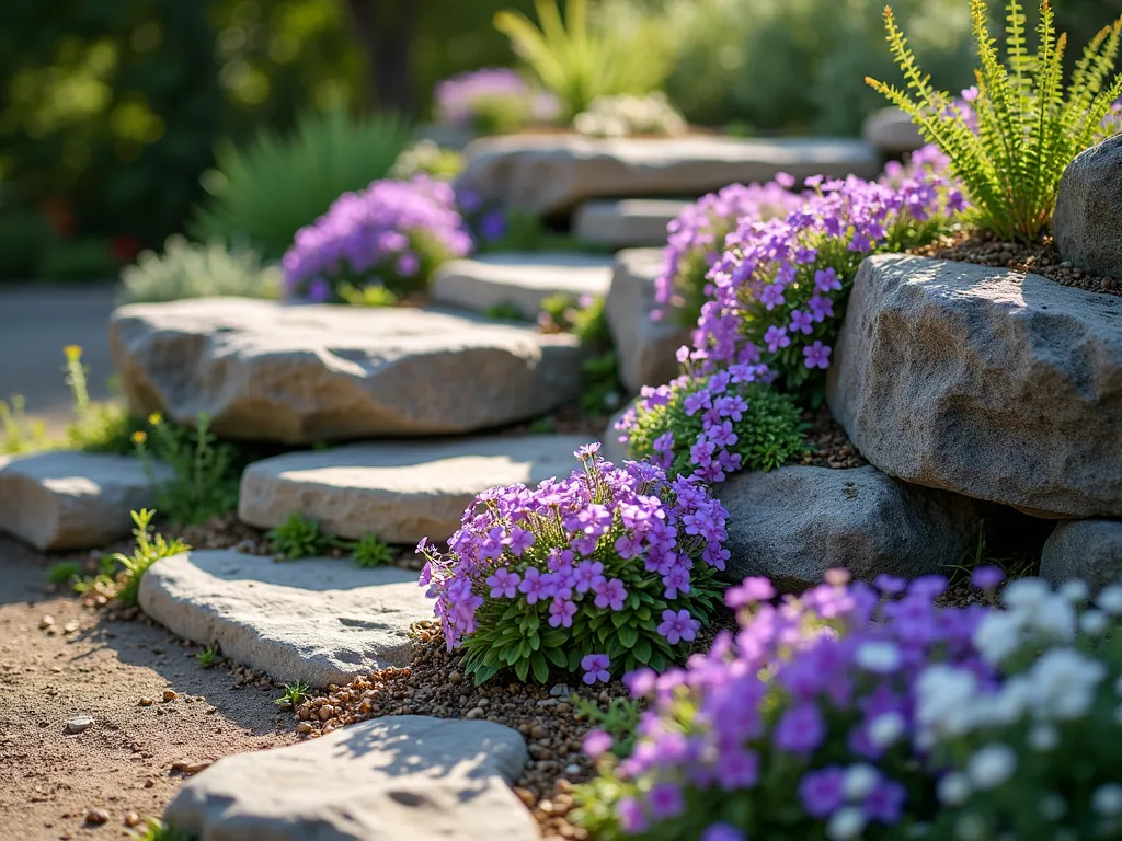 Cascading Vinca Rock Garden - A beautiful sunlit rock garden featuring natural stone arrangements with purple and white vinca minor cascading over weathered granite boulders. The flowering vines gracefully spill down multiple levels of stacked rocks, creating a soft, flowing contrast against the rugged stone surfaces. Small pockets of drought-resistant plants nestled between rocks add depth, photographed in soft morning light with subtle depth of field