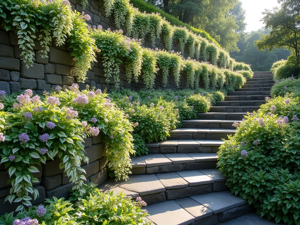 Cascading Vinca Waterfall Garden - A stunning terraced garden wall with multiple levels, photographed in soft afternoon light. Lush variegated vinca plants cascade dramatically down the natural stone retaining walls, creating a living waterfall effect. The vinca displays both green and cream-colored foliage, with delicate purple flowers scattered throughout. The trailing vines gracefully spill over each tier, creating a rhythmic flow of foliage. The composition includes natural stone steps weaving through the terraces, with the cascading vinca softening the hardscape elements. Photorealistic, high detail, botanical garden style.