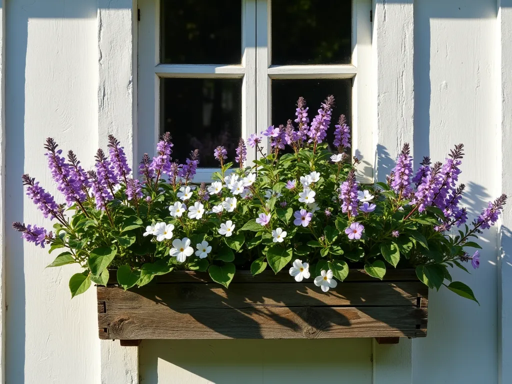 Cascading Vinca Window Box Garden - A charming rustic window box mounted below a cottage-style window, featuring cascading purple and white vinca flowers trailing elegantly over weathered wood. Complemented by upright purple salvia and white snapdragons creating depth, with sunlight casting gentle shadows. Architectural details of window frame visible, classic farmhouse aesthetic, photorealistic style, soft morning light.