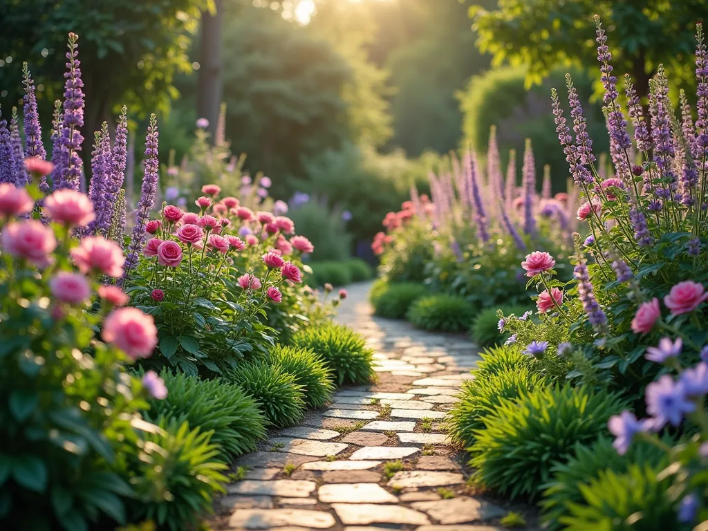 Enchanting Cottage Garden with Vinca Groundcover - A dreamy English cottage garden scene with lush vinca minor creeping between classic cottage garden plants, shot in soft morning light. Pink and purple vinca flowers intermingle with climbing roses, lavender, and delphinium. The vinca creates a dense, glossy green carpet beneath taller perennials, creating multiple layers of visual interest. Rustic stone pathway winds through the garden, with vinca spilling over its edges. Photorealistic, high detail, soft bokeh background, shallow depth of field, f/2.8, golden hour lighting.