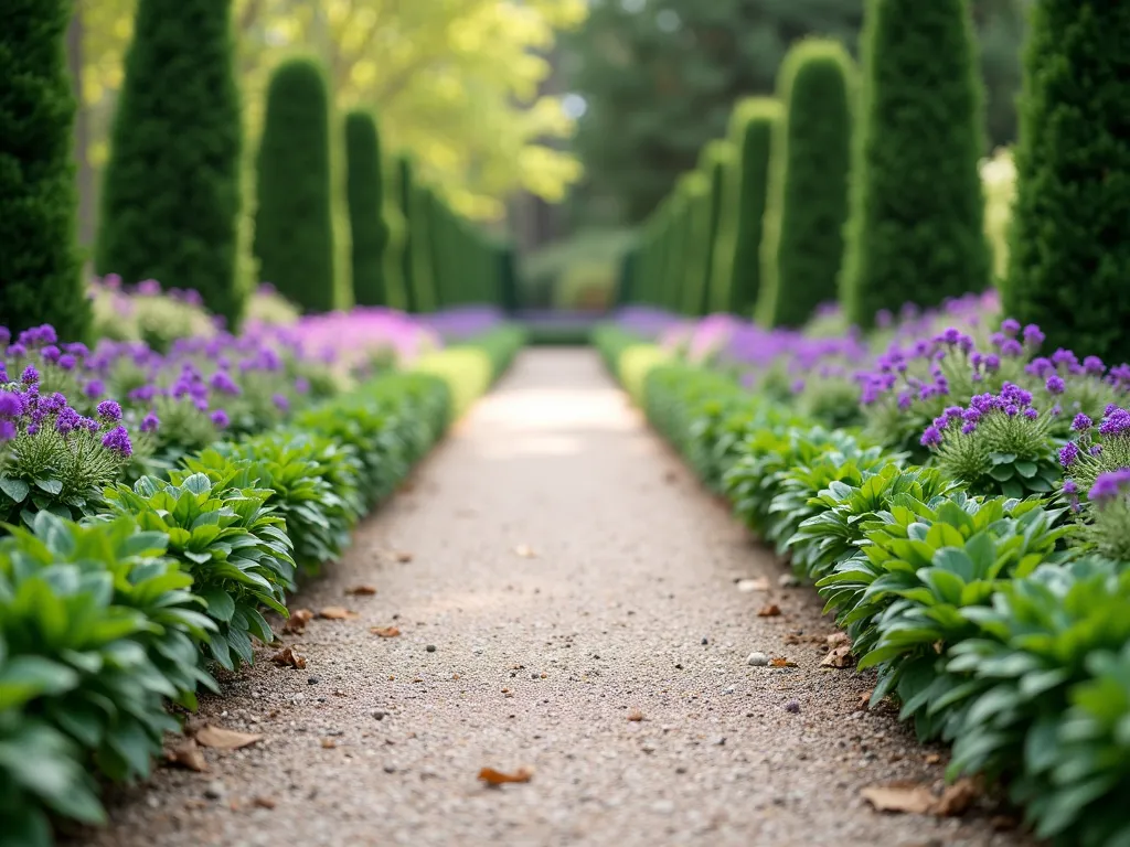 Elegant Vinca Border Garden Path - A pristine garden pathway with perfectly manicured Vinca minor creating crisp, formal borders on both sides. The vinca's glossy green foliage and small purple flowers form neat, continuous lines against light gravel path. Classical geometric garden design with symmetrical beds, captured in soft morning light with subtle depth of field. Professional landscape photography style.