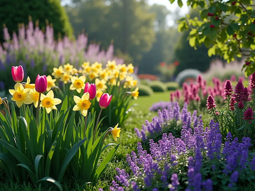 Four-Season Vinca Garden Symphony - A stunning garden landscape composition showcasing vinca as evergreen groundcover interwoven with seasonal highlights. In the foreground, vibrant purple vinca minor flowers blend with yellow daffodils and pink tulips emerging through the glossy foliage. The middle ground features summer-blooming purple coneflowers and white shasta daisies. The background includes ornamental grasses with winter seed heads and evergreen holly bushes with red berries. Soft morning light filters through the scene, creating a magical atmosphere with gentle shadows and dewdrops on the vinca leaves. Photorealistic, high detail, professional garden photography style.