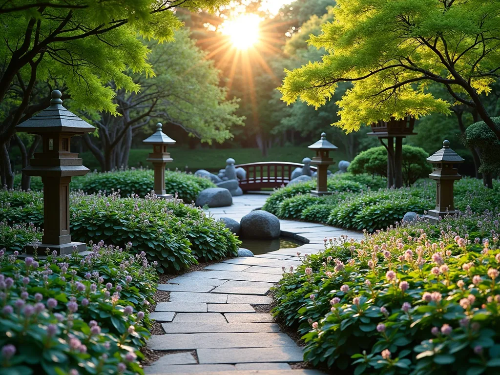 Serene Japanese Garden with Vinca Ground Cover - A tranquil Japanese garden scene photographed during golden hour, featuring a winding stone path bordered by lush vinca minor with glossy dark green leaves and delicate purple flowers. Traditional Japanese stone lanterns and carefully placed granite boulders emerge from the vinca ground cover. A small wooden bridge crosses a peaceful stream, while perfectly manicured Japanese maples provide dappled shade. The scene captures the minimalist aesthetic and zen-like atmosphere of Japanese garden design, with the vinca creating clean, flowing lines along the path edges.