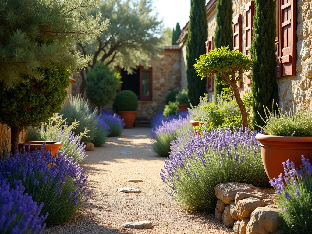 Mediterranean Vinca Garden Retreat - A sun-drenched Mediterranean garden terrace with cascading purple vinca flowers in the foreground, interwoven with silvery lavender, rosemary, and thyme. Terra cotta pots filled with drought-resistant olive trees and cypress create vertical interest. The vinca's glossy dark green leaves contrast beautifully with crushed gravel pathways and weathered stone walls. Golden afternoon sunlight casts long shadows across the scene, highlighting the textural interplay between the plants. Photorealistic, high detail, f/8, soft natural lighting.