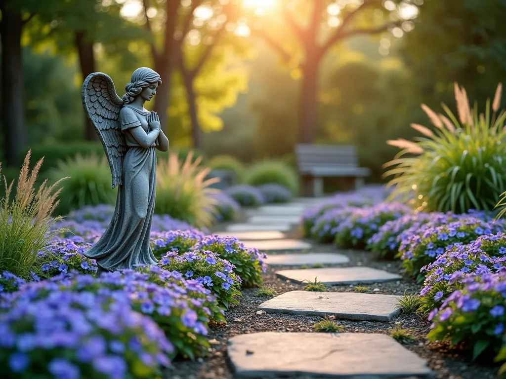 Serene Memorial Garden with Vinca Ground Cover - A peaceful memorial garden at golden hour, featuring a beautiful stone angel statue as focal point, surrounded by a carpet of blooming periwinkle vinca minor with delicate purple-blue flowers. Natural stone pathways wind through the garden, with ornamental grasses swaying gently in the background. Dappled sunlight filters through overhead mature trees, creating a contemplative atmosphere. Small memorial benches offer quiet seating areas for reflection. Photorealistic, depth of field, serene atmosphere.