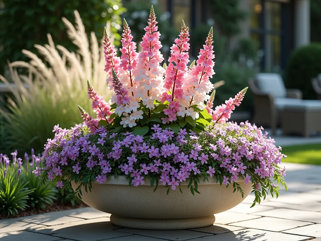 Elegant Mixed Vinca Container Garden - A dramatic garden scene featuring an elegant large stone container on a patio, overflowing with vibrant pink and white vinca rosea flowers standing upright in the center, surrounded by cascading purple vinca minor trailing down the sides. Delicate ornamental feather reed grass provides height and movement in the background, creating a layered, professional landscape design. Soft natural lighting highlights the various textures and creates depth, with a blurred patio setting in the background. Photorealistic, high-end garden photography style.