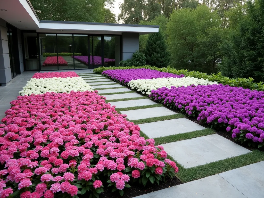 Modern Color Block Vinca Garden - A modern landscaped garden featuring dramatic blocks of flowering vinca plants arranged in geometric patterns. The foreground shows a striking arrangement of pink, white, and purple vinca flowers planted in large rectangular sections, creating a bold contemporary design. Each color block is densely planted with single-colored vincas, creating a clean, graphic appearance. The blocks are separated by narrow stone pathways, photographed from a slight elevated angle to showcase the geometric pattern. Soft natural lighting enhances the vibrant colors against a backdrop of modern architectural elements.