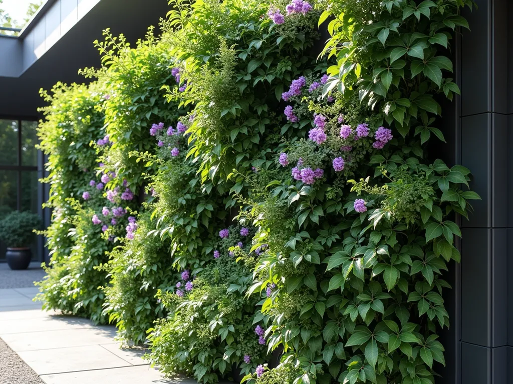 Modern Living Wall with Cascading Vinca - A stunning vertical garden installation featuring cascading vinca minor with purple and white flowers flowing down a modern living wall system. The wall shows multiple tiers of lush, glossy green vinca foliage interspersed with delicate blooms. Soft natural lighting highlights the dimensional layers of the living wall, while some areas remain gently shaded. The installation appears as part of a contemporary outdoor space, with the green wall creating a dramatic architectural element. Photorealistic, high detail, architectural photography style.