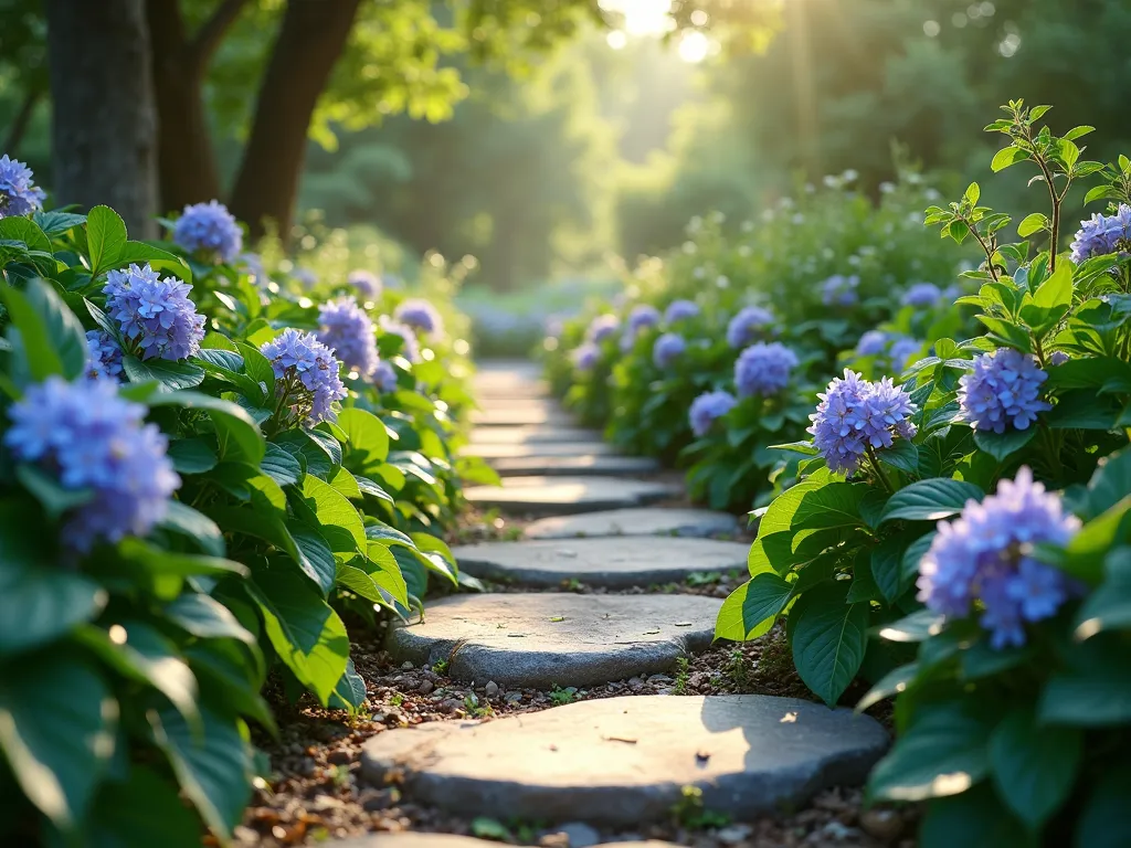 Sensory Vinca Garden Path - A serene garden path bordered with lush vinca minor, featuring glossy dark green leaves and delicate periwinkle blue flowers. The path is made of natural stepping stones with vinca spilling over the edges, creating an inviting tactile experience. Soft afternoon sunlight filters through trees above, casting dappled shadows on the foliage. The perspective is at eye level, showing people gently touching the smooth leaves as they walk the path. Photorealistic, high detail, with a dreamy garden atmosphere.