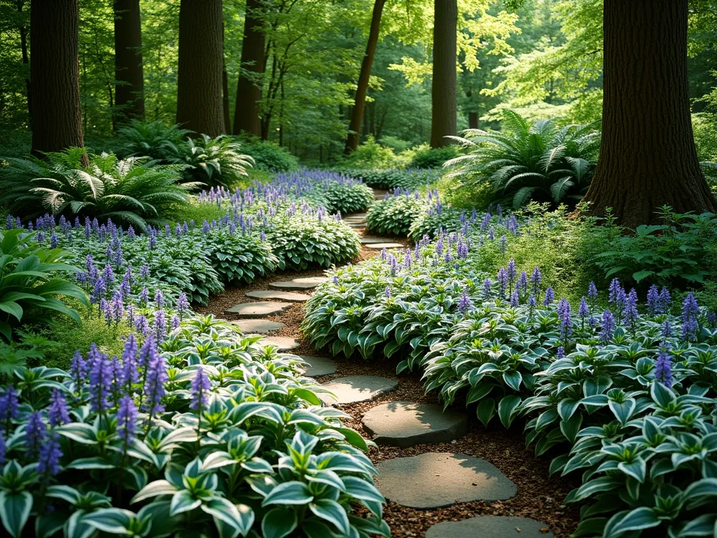 Enchanting Shade Garden with Mixed Vinca Varieties - A serene woodland garden setting with dappled sunlight filtering through tall trees, featuring a lush carpet of mixed vinca varieties. In the foreground, clusters of Vinca minor display various leaf patterns, from deep green to variegated white-edged leaves, intermingling with patches of Vinca major showing larger, glossy foliage. Purple, white, and blue vinca flowers create a mesmerizing pattern throughout. Natural stone pathways weave through the garden, while ornamental ferns and hostas provide complementary texture in the background. Soft, atmospheric lighting enhances the magical woodland atmosphere.