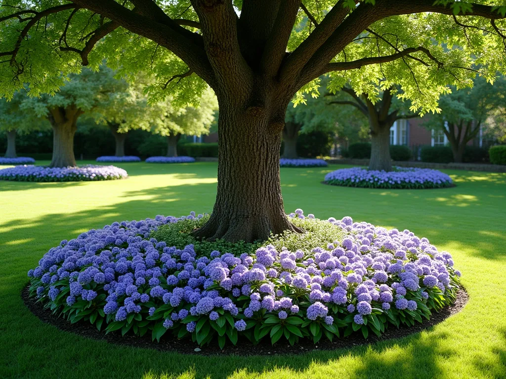 Tree Base Vinca Ring - A serene garden scene featuring a mature oak tree with a lush circular bed of blooming periwinkle vinca minor surrounding its base, creating a perfect ring of purple-blue flowers and glossy green foliage. Dappled sunlight filters through the tree canopy, casting gentle shadows on the carpet of vinca below. The circular planting seamlessly transitions into a well-maintained lawn, photographed from a low angle to emphasize the harmonious design, photorealistic style, soft natural lighting