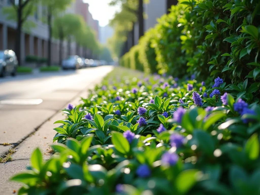 Urban Parkway Vinca Garden - A photorealistic view of a lush urban parkway strip between a sidewalk and street, filled with perfectly manicured vinca minor ground cover featuring delicate purple-blue flowers. The evergreen foliage creates a dense, uniform carpet of deep green leaves cascading slightly over the concrete edges. Soft morning light illuminates the scene, highlighting the glossy leaves and creating gentle shadows. The narrow garden strip extends into the distance, showcasing how vinca elegantly solves the challenging space constraints of urban landscaping.