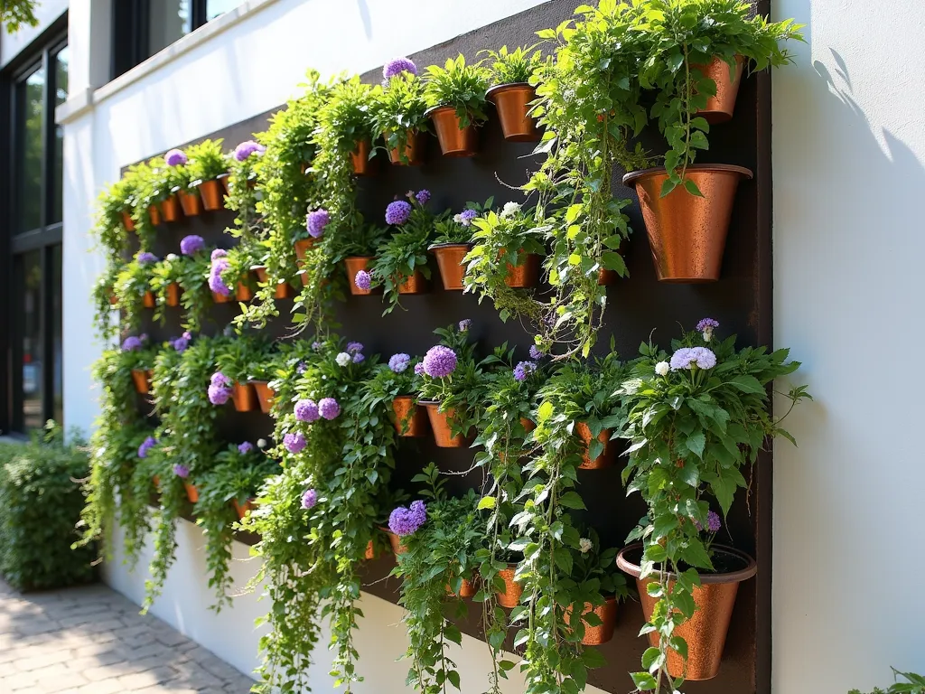 Vertical Vinca Living Wall - A stunning vertical garden wall installation in an urban setting, featuring multiple mounted copper and weathered terracotta containers arranged in a grid pattern. Cascading vinca vines with purple and white flowers flow dramatically downward, creating a living tapestry against a modern white wall. Soft natural lighting highlights the dimensional texture of the flowing plants, with some containers featuring Vinca major and others showcasing Vinca minor varieties. Architectural details and clean lines emphasize the contemporary design aesthetic, while the lush greenery and blooms add organic beauty.