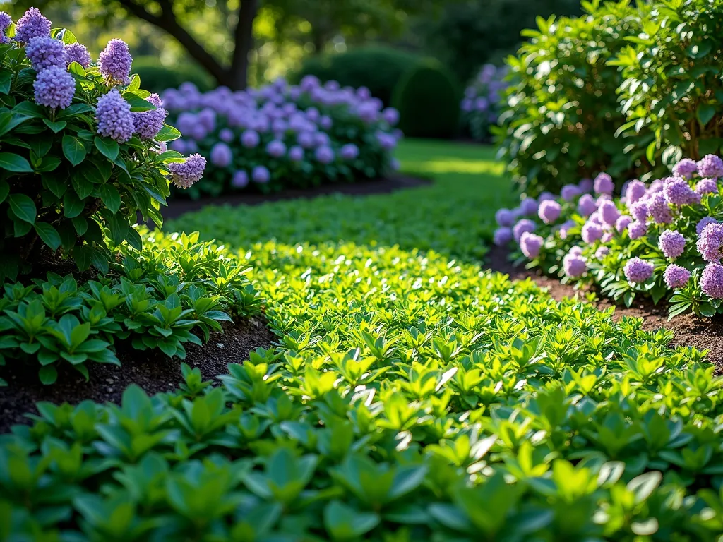 Elegant Vinca Living Mulch Garden - A professionally landscaped garden bed showing lush, emerald green vinca minor creating a dense living carpet beneath flowering hydrangeas and ornamental shrubs. The vinca's glossy leaves and delicate purple-blue flowers form a seamless, weed-free groundcover that flows naturally around the larger plants. Dappled sunlight filters through the shrubs, highlighting the textural contrast between the vinca's spreading habit and the upright forms above. Captured in high-resolution with natural lighting and shallow depth of field.