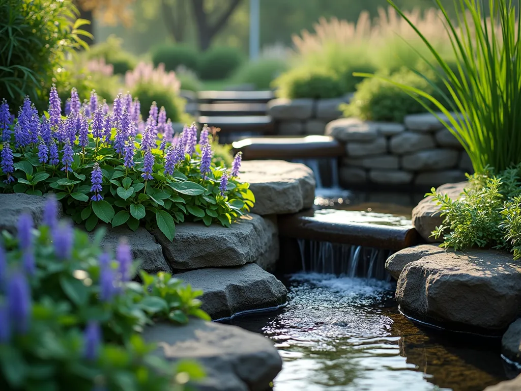 Vinca Rain Garden Integration - A tranquil rain garden landscape featuring cascading levels with lush Vinca minor flowing along the upper edges, its purple-blue flowers contrasting against deep green foliage. Natural stone retaining walls create gentle terraces, with water-loving plants in the lower basin. Soft morning light illuminates dewdrops on the vinca's glossy leaves, while ornamental grasses sway in the background. Photorealistic, high detail, peaceful garden atmosphere