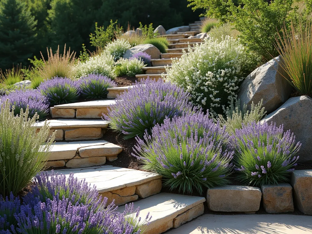 Vinca Hillside Erosion Control Garden - A sunny landscaped hillside garden with cascading purple and white vinca minor flowers covering a steep slope, photorealistic, terraced with natural stone retaining walls. Ornamental boulders emerge naturally from the ground cover, creating depth and visual interest. Drought-resistant lavender and ornamental grasses are strategically placed throughout. The vinca creates a lush, matted carpet effect that clearly demonstrates erosion control, with late afternoon sunlight casting gentle shadows across the slope, architectural photography style, high resolution.