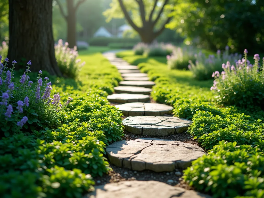 Vinca-Lined Garden Stepping Stone Path - A winding garden path made of natural stone stepping stones, with lush green vinca minor creeping between and around each stone. The vinca's small purple-blue flowers dot the emerald carpet, creating a soft, enchanting pathway through a dappled shade garden. Sunlight filters through overhead trees, creating a magical interplay of light and shadow on the stone and foliage. The stones appear to float on the sea of vinca, photographed from a low angle to emphasize the plant's carpet-like effect. Hyperrealistic, professional garden photography, soft natural lighting.