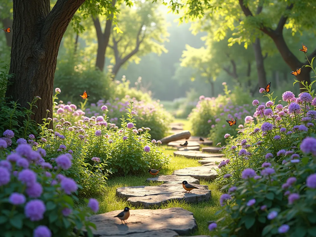 Wildlife Haven with Native Plants and Vinca - A sunlit garden scene featuring patches of purple-flowering vinca minor intertwined with native wildflowers, creating natural pathways and shelter spaces. Small birds forage among the plants while butterflies hover above. Natural stone elements and fallen logs add habitat value, with dappled sunlight filtering through native trees above. The composition has a natural, slightly wild aesthetic while maintaining a curated garden feel. Photorealistic, soft morning light, 4k detailed nature photography style.