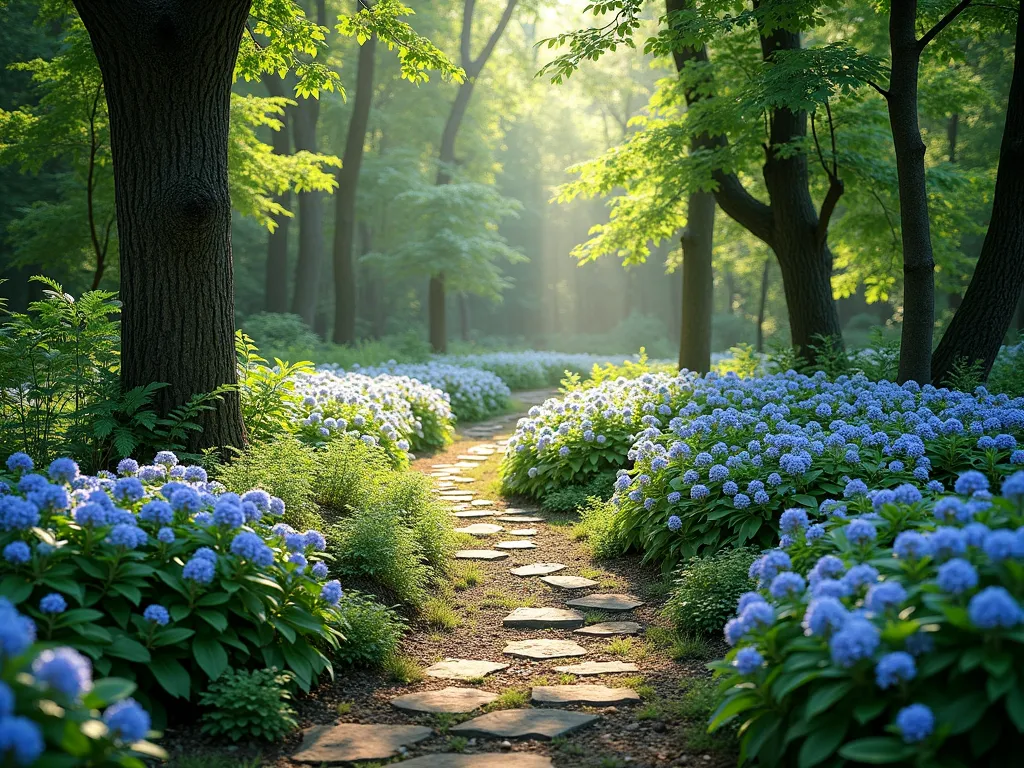 Woodland Garden Transition with Vinca - A serene garden scene showing a natural transition from dense woodland to a manicured garden space, with lush vinca minor creating a flowing carpet of periwinkle blue flowers and glossy green foliage. Dappled sunlight filters through tall trees, illuminating the gradual blend between wild forest floor and cultivated garden beds. Natural stone pathways weave through the transition zone, surrounded by patches of blooming vinca intermingled with native woodland ferns and scattered shade-loving perennials. Photorealistic, soft morning light, atmospheric, 4k detail