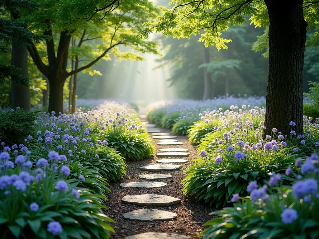 Enchanted Woodland Path with Vinca Minor - A serene, winding garden path through dappled shade, bordered by lush carpets of blooming vinca minor (periwinkle) with delicate purple-blue flowers. Mature trees create a natural canopy overhead, filtering sunlight to create atmospheric light patterns on the ground. The path is lined with natural stepping stones partially covered by spreading evergreen vinca foliage, creating a magical woodland atmosphere. Soft morning mist adds depth and mystery to the scene, photographic style, high detail, natural lighting.