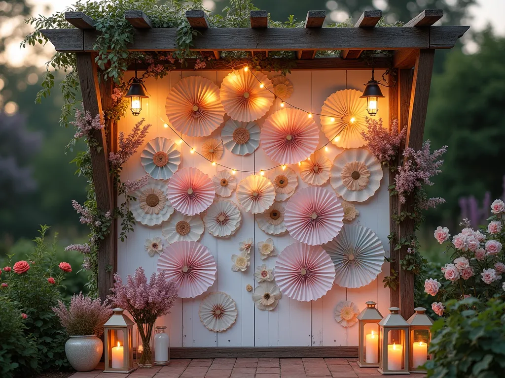 Victorian Paper Fan Garden Wall - A romantic dusk garden scene featuring an elegant Victorian-style outdoor wall decorated with an artful arrangement of vintage-inspired paper fans in soft pastels - blush pink, cream, and dusty blue. The fans are ornately arranged in a cascading pattern, interwoven with sprigs of dried lavender, pale pink roses, and delicate ivory ribbons. Soft fairy lights illuminate the display, creating a magical atmosphere. The wall is set against a charming garden backdrop with climbing roses and wisteria, photographed at a slight angle to capture both the intricate details of the fan arrangement and the surrounding garden ambiance. A rustic wooden pergola frames the scene, while vintage-style lanterns cast a warm, ethereal glow across the setting. Shot during the golden hour with gentle bokeh effects.