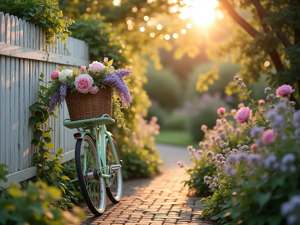 Vintage Bicycle Garden Display at Sunset - A dreamy garden scene at golden hour featuring a vintage mint-green bicycle against a weathered white wooden fence. The bicycle's woven basket overflows with pastel pink peonies, lavender sprigs, and white roses. Delicate ivy vines wrap around the bicycle frame, while cascading purple wisteria drapes from the handlebars. The rear rack displays a collection of vintage tin planters filled with blooming forget-me-nots and trailing sweet alyssum. The setting sun casts long shadows across a rustic brick pathway, with soft bokeh effects from string lights hanging overhead. A backdrop of cottage garden flowers and climbing roses completes the romantic vintage atmosphere. Photorealistic, high detail, soft evening lighting.