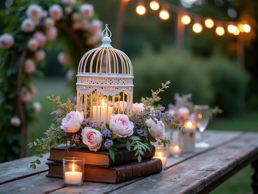 Enchanted Vintage Birdcage Garden Centerpiece - Close-up dreamy photograph of an ornate white Victorian-style birdcage centerpiece on a weathered garden table at dusk. The birdcage overflows with pale pink garden roses, white peonies, and delicate purple wisteria cascading through the metalwork. Warm-toned fairy lights intertwine with the flowers, creating a magical glow. The birdcage sits atop a stack of vintage leather-bound books and is surrounded by mercury glass votives. Soft bokeh effect in the background shows string lights hung in an English garden setting, with climbing roses on a garden arch visible in the distance. Shot with shallow depth of field, creating a romantic, ethereal atmosphere. 16-35mm lens at f/2.8, ISO 400, capturing the golden hour lighting.