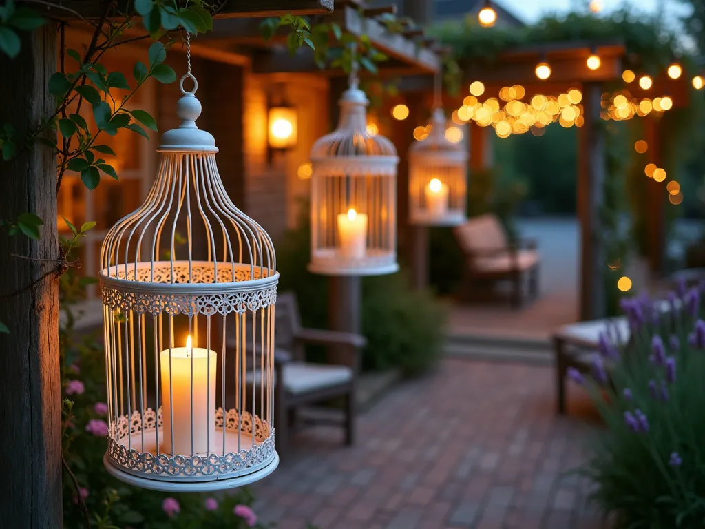 Vintage Birdcage Garden Lanterns at Dusk - A dreamy twilight garden scene captured with a wide-angle lens, featuring three antique-style wire birdcages of varying sizes transformed into ethereal lanterns. The ornate white-painted birdcages hang at different heights from a weathered wooden pergola draped with climbing roses. Each birdcage glows warmly with battery-operated pillar candles and delicate copper wire fairy lights, creating a magical ambiance. The background shows a vintage-inspired garden patio with weathered wooden furniture, soft climbing roses, and lavender bushes. The golden hour lighting casts long shadows across the weathered brick patio, while bokeh effects from the fairy lights create a dreamy atmosphere. Shot with dramatic depth of field highlighting the intricate details of the nearest birdcage while maintaining the magical atmosphere of the garden setting.