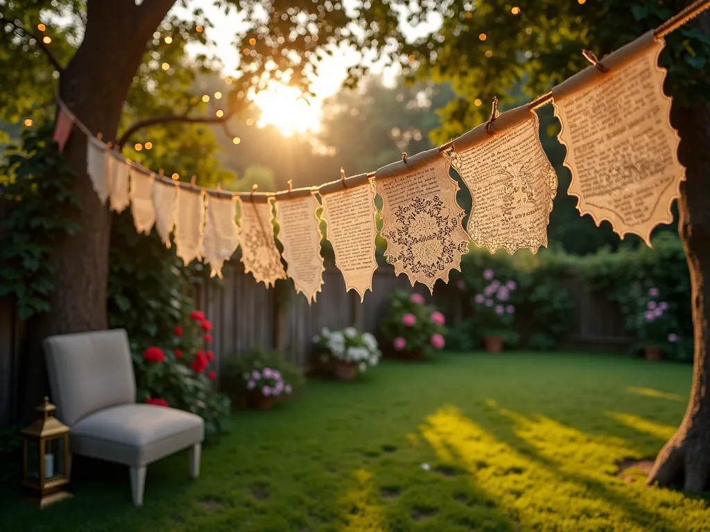 Vintage Book Page Garden Bunting - A dreamy dusk garden scene featuring elegant book page bunting with delicate lace doilies strung between mature oak trees. The bunting casts gentle shadows on a well-manicured lawn, with vintage-style string lights twinkling above. A weathered wooden garden fence adorned with climbing roses provides a romantic backdrop. Shot from a wide angle to capture the magical atmosphere, with the golden hour sun filtering through the trees, creating a soft, ethereal glow on the aged paper bunting. The composition includes vintage garden furniture and antique brass lanterns beneath the literary garland, with selective focus on the intricate details of the weathered book pages and cream-colored lace doilies. Professional photography with natural lighting and shallow depth of field.