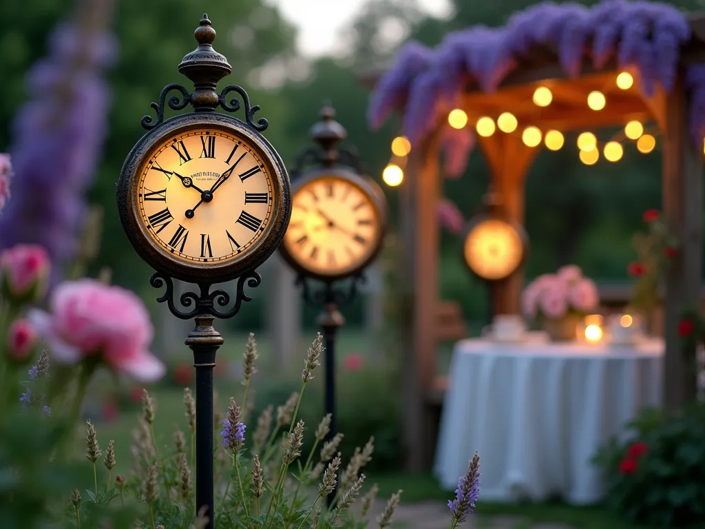 Whimsical Vintage Clock Garden Stakes at Dusk - A dreamy garden scene at dusk, shot with a 16-35mm lens at f/2.8, ISO 400. Three ornate vintage clock faces mounted on elegant wrought iron stakes are nestled among blooming English roses and lavender. The clock faces feature weathered brass finishes with gold-painted hands, each showing different times. Soft garden lights illuminate the scene, creating a magical atmosphere. Delicate string lights twinkle in the background, while a weathered wooden pergola draped with wisteria frames the composition. The shallow depth of field creates a ethereal bokeh effect, with the nearest clock face in sharp focus while others softly blur into the cottage garden backdrop. A vintage tea table with lace tablecloth is visible in the background, completing the timeless scene.