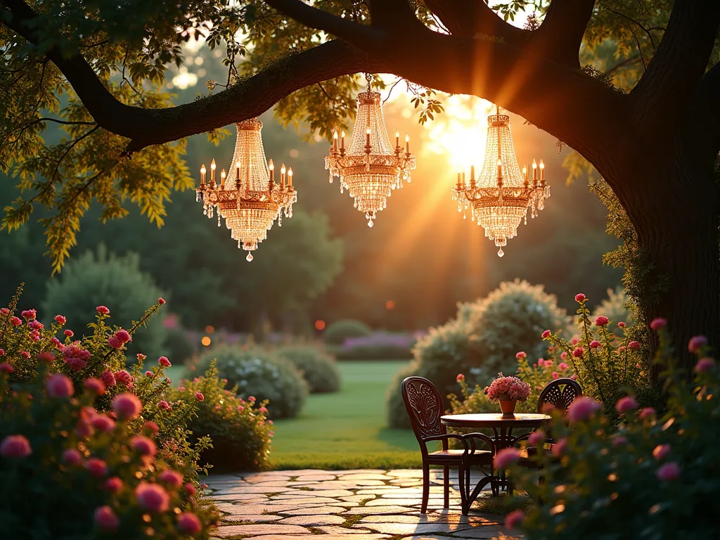 Enchanted Crystal Chandelier Garden - A magical twilight garden scene captured with a wide-angle lens, featuring three ornate vintage crystal chandeliers hanging at different heights from the graceful branches of a mature oak tree. The last rays of sunset filter through the crystals, creating mesmerizing rainbow prisms across the garden space. Strategically placed vintage mirrors and crystal prisms nestled among climbing roses and wisteria vines amplify the ethereal light display. The foreground shows a rustic stone patio with vintage wrought-iron furniture, while fairy lights twinkle softly in the background greenery. Shot at golden hour with shallow depth of field, emphasizing the dreamy, romantic atmosphere with bokeh effects through the crystals. 16-35mm lens, f/2.8, ISO 400.