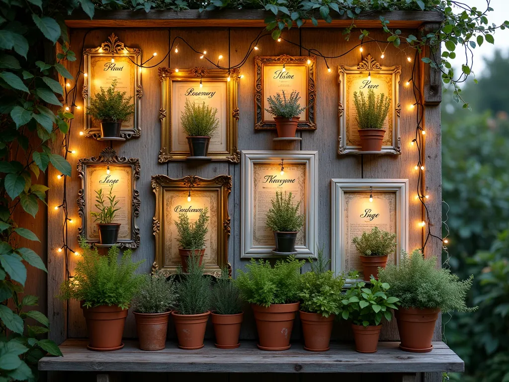 Vintage Frame Herb Garden Display - A charming rustic garden wall at dusk with ornate antique gold and weathered white frames mounted in an artistic arrangement, each containing potted aromatic herbs like rosemary, thyme, and sage. Delicate fairy lights weave between frames, casting a warm glow. Handwritten calligraphy labels on aged parchment identify each herb. The frames vary in size and style, from Victorian to Art Nouveau, creating depth and visual interest. Small tendrils of herbs cascade over frame edges, while a vintage wooden potting table below displays additional copper and terracotta pots. Shot from a medium angle to showcase the entire wall composition and romantic evening ambiance.