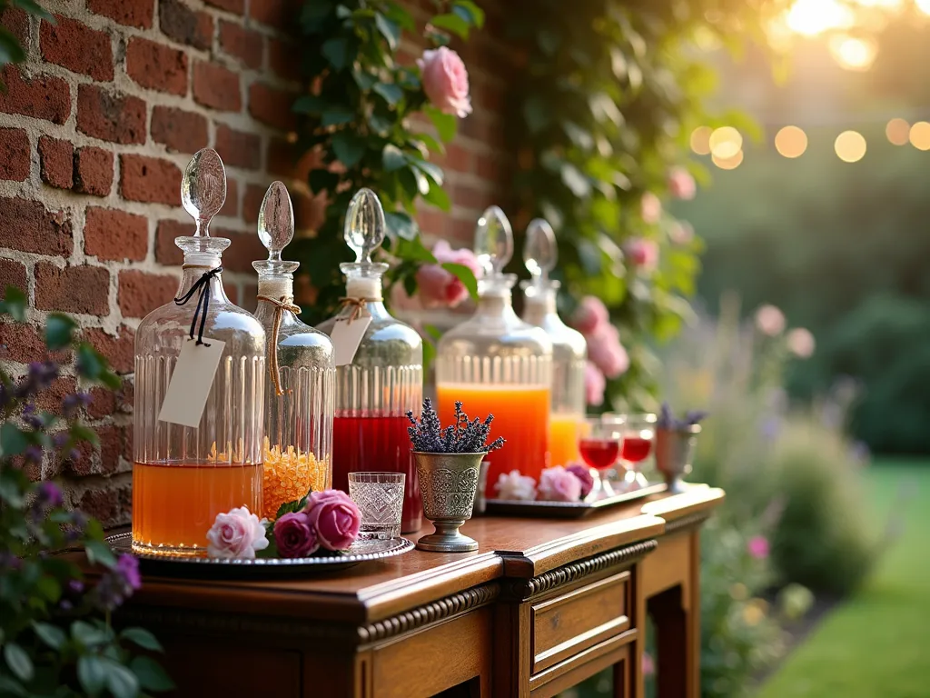 Vintage Garden Apothecary Drink Station - A late afternoon garden scene featuring an elegant vintage wooden sideboard against a weathered brick garden wall draped with climbing roses. On the sideboard, a collection of antique crystal apothecary jars and decanters catch the golden sunlight, filled with jewel-toned drinks in amber, ruby, and sapphire hues. Hand-written calligraphy tags hang from each vessel on delicate ribbon. Tarnished silver serving trays and vintage cut-glass tumblers are artfully arranged alongside. Fresh garden roses and lavender sprigs in small mercury glass vases accent the display. Soft bokeh effect from string lights overhead, with a blurred English garden backdrop.