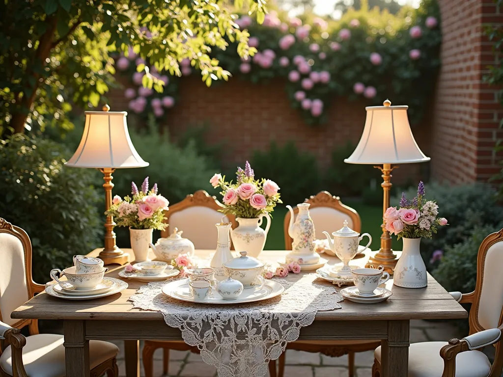 Vintage China Painting Station in Garden Setting - A dreamy late afternoon garden scene with golden sunlight filtering through climbing roses and wisteria. A weathered wooden farmhouse table is set against a rustic brick wall covered in vintage climbing roses. The table is elegantly dressed with a cream lace tablecloth and features an artfully arranged china painting station. Antique brass table lamps with cream shades provide warm lighting. Various unpainted white china pieces are arranged on vintage silver trays, surrounded by metallic paint markers in copper, gold, and silver. Hand-painted example pieces showcase delicate floral patterns and Victorian motifs. Vintage botanical prints in gilded frames serve as inspiration, while comfortable French garden chairs with plush cushions invite guests to sit and create. Crystal vases filled with fresh garden roses and lavender add authenticity to the scene. Shot with a wide angle lens capturing the entire atmospheric setup while maintaining focus on the detailed painting station.