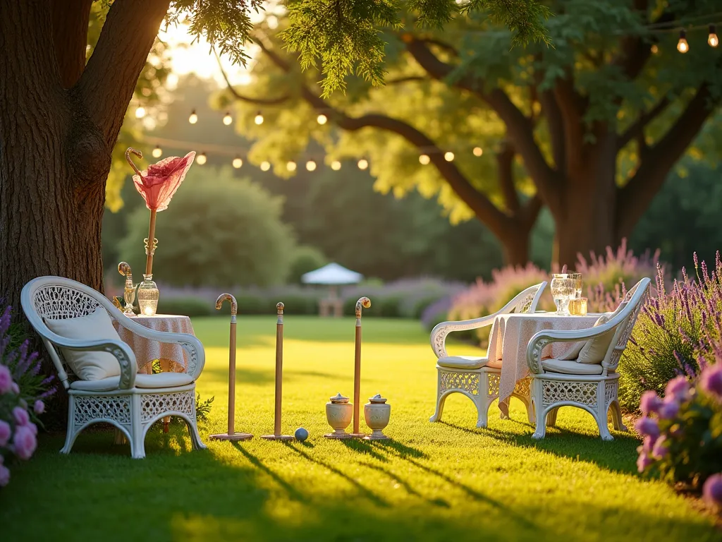 Vintage Garden Croquet Setup at Golden Hour - A dreamy wide-angle shot of an elegant garden croquet setup at golden hour. A perfectly manicured emerald lawn features a traditional wooden croquet set with painted hoops catching the warm evening light. Vintage white wicker chairs and ornate iron side tables with lace tablecloths are artfully arranged under mature oak trees. Crystal glasses and a pitcher of lemonade sit on the tables. English roses and lavender border the lawn, creating a soft purple and pink frame. Strings of Edison bulbs hang between the trees, not yet lit in the golden sunlight. A classic 1920s-style parasol leans against one of the chairs, while mallets rest elegantly against another. The scene is captured with a soft, romantic focus, emphasizing the nostalgic atmosphere of a bygone era.