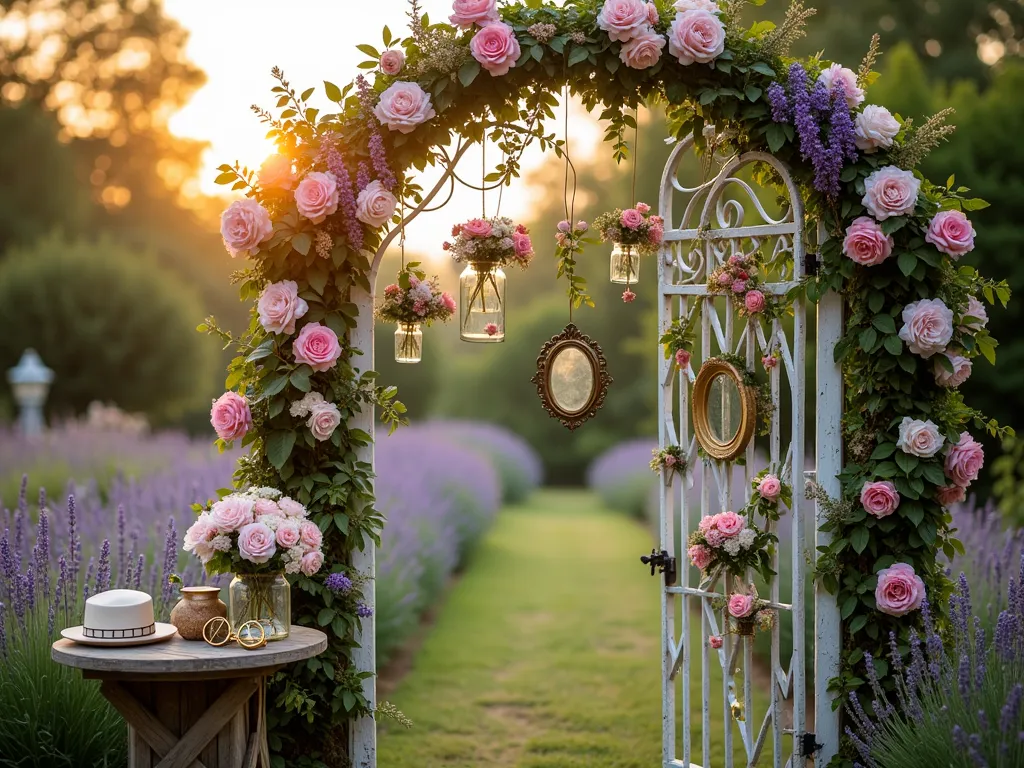 Vintage Garden Gate Photo Booth - A whimsical garden scene at golden hour featuring an ornate weathered white iron garden gate transformed into a photo booth, shot at f/2.8 with dreamy bokeh. The gate is lavishly adorned with climbing pink David Austin roses and purple clematis. Vintage gold-framed mirrors and empty frames hang asymmetrically on the gate, while mason jars filled with soft pink peonies and white hydrangeas dangle from copper wire. A rustic wooden table beside the gate displays a collection of vintage props including a lace parasol, top hat, and brass opera glasses. Soft evening sunlight filters through the foliage, creating a magical atmosphere with subtle lens flares. The background shows a blurred English cottage garden with lavender borders. Shot from a medium-wide angle to capture the entire setup while maintaining intimate ambiance.