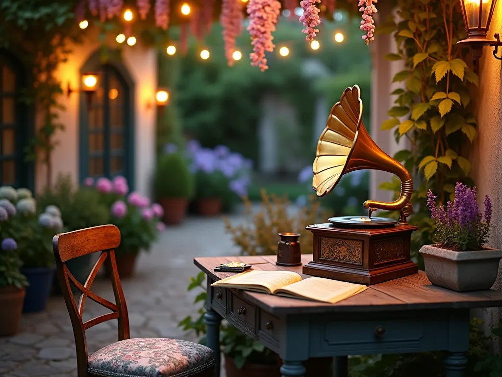 Vintage Garden Gramophone Corner - A dreamy dusk scene on a Victorian-style garden patio, featuring an ornate brass gramophone as the centerpiece on a weathered wooden side table. The gramophone is surrounded by vintage vinyl records in sepia-toned sleeves and aged sheet music that flutter gently in the evening breeze. The table is nestled in a cozy corner adorned with climbing roses and wisteria, creating a natural archway. Warm string lights are draped overhead, casting a golden glow on the scene. An antique wooden chair with faded floral upholstery sits beside the table. In the background, potted hydrangeas and lavender plants add depth and romance to the setting. The scene is captured from a slightly elevated angle, emphasizing the magical atmosphere of this vintage music station in the garden.