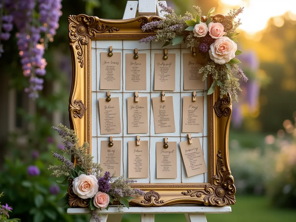 Elegant Vintage Frame Seating Display in Garden Setting - A close-up shot of an ornate, large gold-gilded Victorian picture frame (36x48 inches) elegantly positioned in a cottage garden setting during golden hour. The frame is mounted on a weathered white wooden easel, with delicate twine crisscrossing inside creating a grid pattern. Vintage-style kraft paper name cards with calligraphy are attached using antique brass buttons and tiny wooden clothespins. Dried lavender sprigs, pale pink garden roses, and ivory silk ribbons adorn the corners of the frame. The background shows a soft-focused English garden with climbing roses and wisteria, while dappled evening sunlight creates a romantic atmosphere. Shot with shallow depth of field to emphasize the seating chart details while maintaining the garden context.