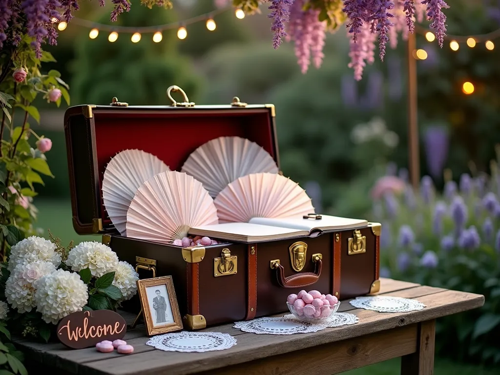 Vintage Garden Welcome Station with Steamer Trunk - A twilight garden scene captured with a 16-35mm lens at f/2.8, ISO 400, featuring an ornate antique steamer trunk positioned on a weathered wooden table against a backdrop of climbing roses and wisteria. The trunk lid is elegantly propped open, revealing a curated collection of vintage parasols in soft pastels, delicate paper hand fans, and crystal bowls filled with wrapped candies. A leather-bound guest book rests open beside sepia-toned photographs in brass frames. Soft string lights draped overhead cast a warm, romantic glow, while English lavender and white hydrangeas frame the scene. The trunk is adorned with vintage lace doilies and brass hardware, with a hand-lettered 'Welcome' sign in copper calligraphy perched nearby. Soft bokeh effect in background shows glimpses of garden party preparations.