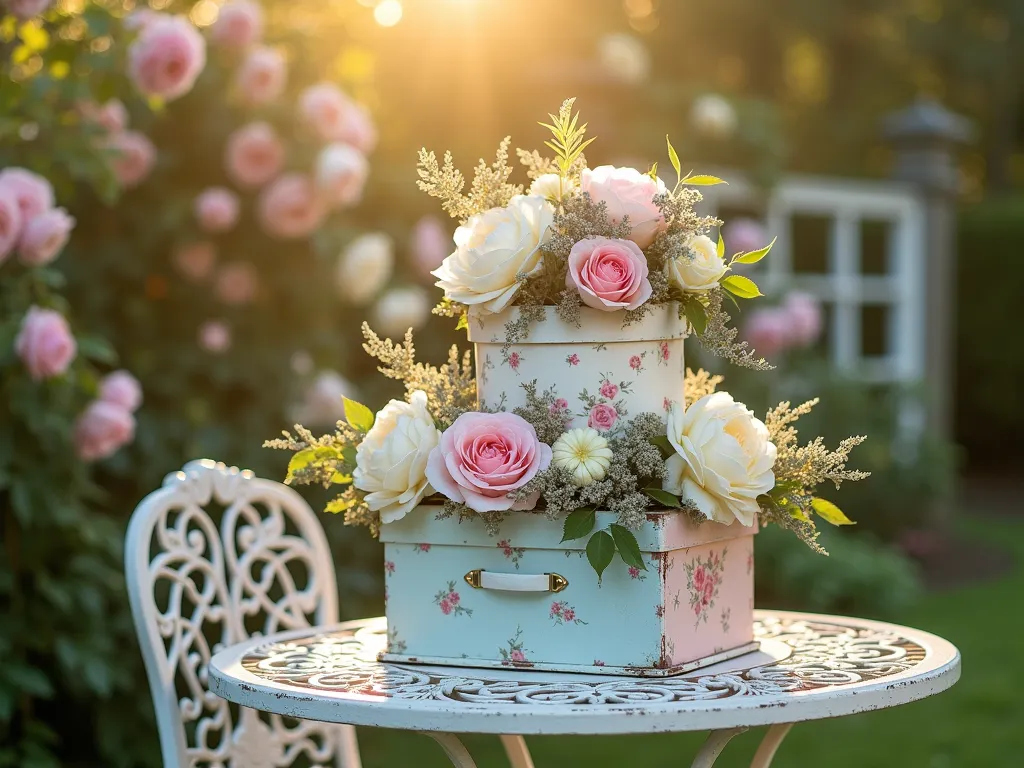 Vintage Hatbox Floral Display in Garden Setting - A dreamy late afternoon garden scene with golden sunlight filtering through trees, showcasing an elegant vintage-style vignette on a weathered white iron garden table. Three antique-style hatboxes in soft pastels and floral prints are artfully stacked, overflowing with lush arrangements of garden roses, peonies, and delphinium in coordinating pink, cream, and powder blue hues. Delicate silver-grey dusty miller and trailing ivy cascade down the sides of the boxes. The setting features a blurred background of climbing roses on a garden trellis, with soft bokeh effects creating a romantic atmosphere. Shot at f/2.8 with subtle lens flare adding to the vintage aesthetic. 16mm wide angle perspective capturing the entire garden context while maintaining focus on the hatbox centerpiece.